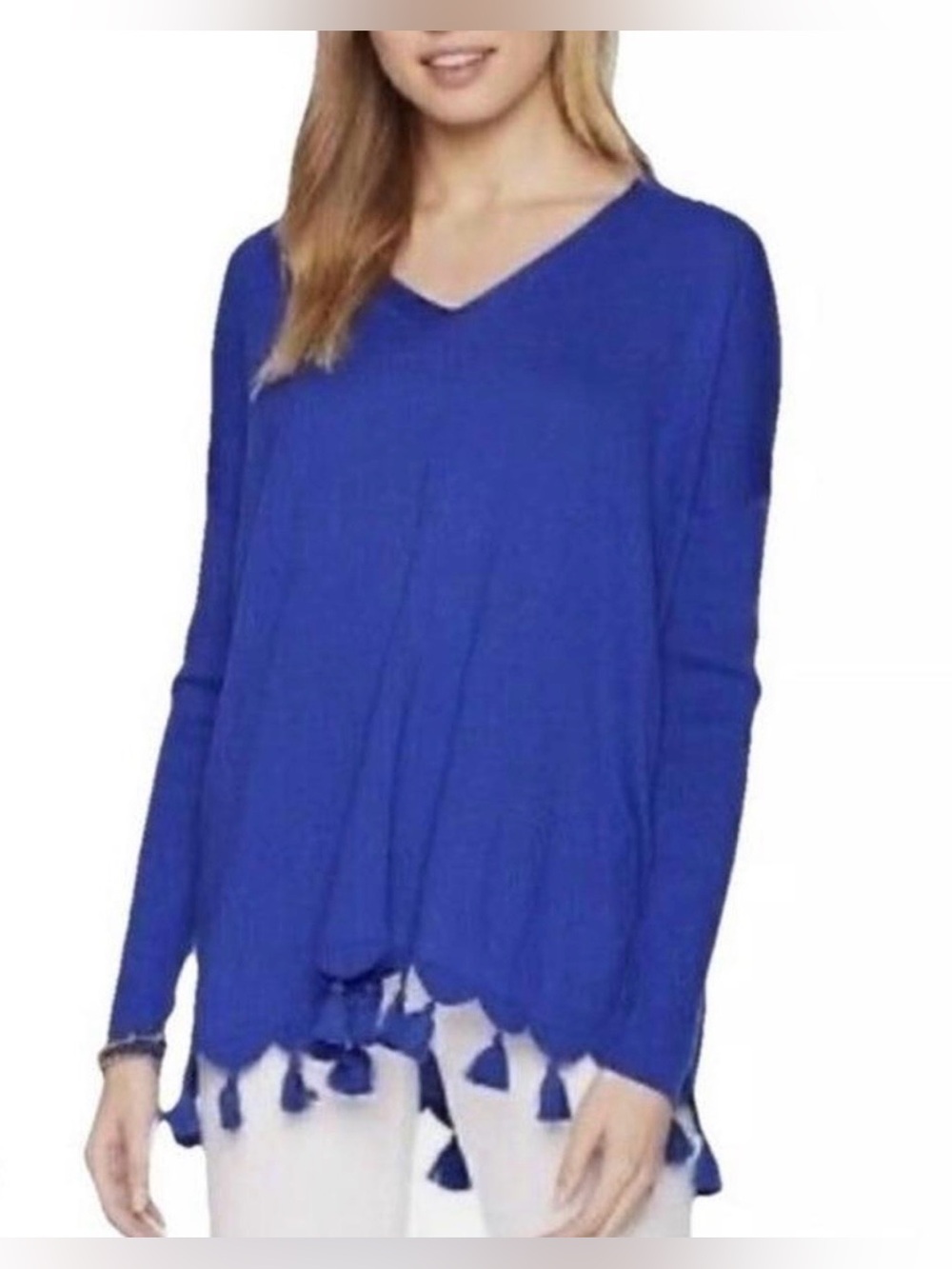 LILLY PULITZER Martine Tassel Coolmax V-Neck Sweater In Cobalt Blue Sz M